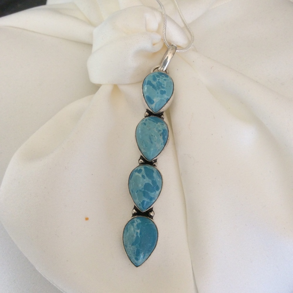 Sterling Silver Aqua Larimar Teardrop Pendant W/ Chain 925